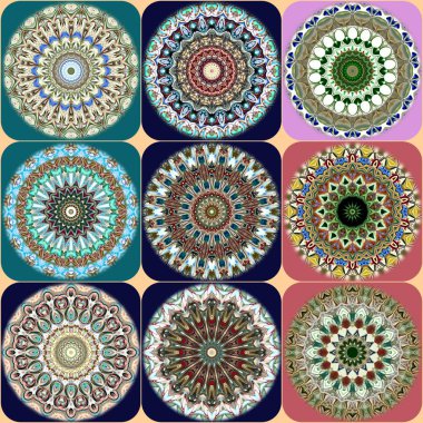  Benzersiz mandala, Oriental yuvarlak desen, mistik motifi, egzotik arka plan. Fantastik fraktal tasarım, geometrik doku parlayan renkli dijital sanat.