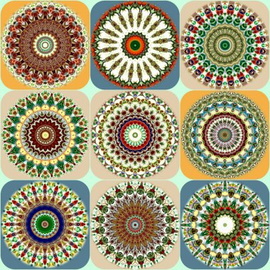  Benzersiz mandala, Oriental yuvarlak desen, mistik motifi, egzotik arka plan. Fantastik fraktal tasarım, geometrik doku parlayan renkli dijital sanat.