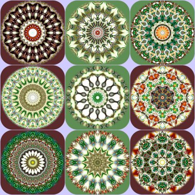  Benzersiz mandala, Oriental yuvarlak desen, mistik motifi, egzotik arka plan. Fantastik fraktal tasarım, geometrik doku parlayan renkli dijital sanat.