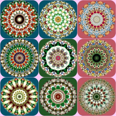  Benzersiz mandala, Oriental yuvarlak desen, mistik motifi, egzotik arka plan. Fantastik fraktal tasarım, geometrik doku parlayan renkli dijital sanat.