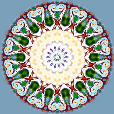 Benzersiz mandala, Oriental yuvarlak desen, mistik motifi, egzotik arka plan. Fantastik fraktal tasarım, geometrik doku parlayan renkli dijital sanat.