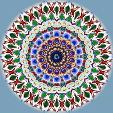 Benzersiz mandala, Oriental yuvarlak desen, mistik motifi, egzotik arka plan. Fantastik fraktal tasarım, geometrik doku parlayan renkli dijital sanat.