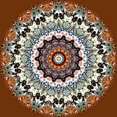 Benzersiz mandala, Oriental yuvarlak desen, mistik motifi, egzotik arka plan. Fantastik fraktal tasarım, geometrik doku parlayan renkli dijital sanat.