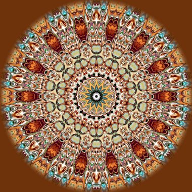 Benzersiz mandala, Oriental yuvarlak desen, mistik motifi, egzotik arka plan. Fantastik fraktal tasarım, geometrik doku parlayan renkli dijital sanat.