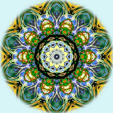 Benzersiz mandala, Oriental yuvarlak desen, mistik motifi, egzotik arka plan. Fantastik fraktal tasarım, geometrik doku parlayan renkli dijital sanat.