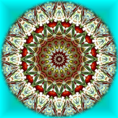 Benzersiz mandala, Oriental yuvarlak desen, mistik motifi, egzotik arka plan. Fantastik fraktal tasarım, geometrik doku parlayan renkli dijital sanat.