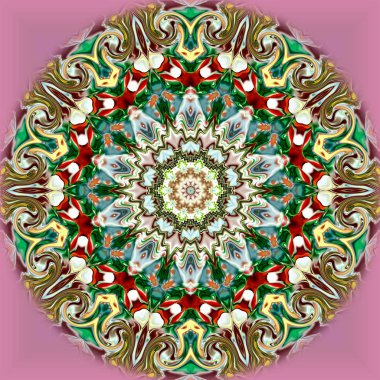 Benzersiz mandala, Oriental yuvarlak desen, mistik motifi, egzotik arka plan. Fantastik fraktal tasarım, geometrik doku parlayan renkli dijital sanat.