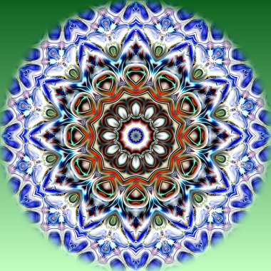 Benzersiz mandala, Oriental yuvarlak desen, mistik motifi, egzotik arka plan. Fantastik fraktal tasarım, geometrik doku parlayan renkli dijital sanat.