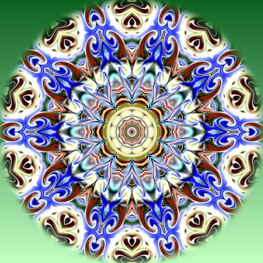 Benzersiz mandala, Oriental yuvarlak desen, mistik motifi, egzotik arka plan. Fantastik fraktal tasarım, geometrik doku parlayan renkli dijital sanat.