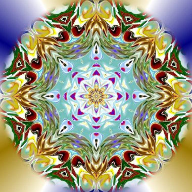 Benzersiz mandala, Oriental yuvarlak desen, mistik motifi, egzotik arka plan. Fantastik fraktal tasarım, geometrik doku parlayan renkli dijital sanat.