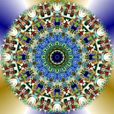 Benzersiz mandala, Oriental yuvarlak desen, mistik motifi, egzotik arka plan. Fantastik fraktal tasarım, geometrik doku parlayan renkli dijital sanat.