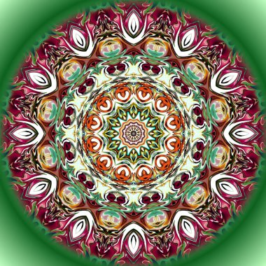 Benzersiz mandala, Oriental yuvarlak desen, mistik motifi, egzotik arka plan. Fantastik fraktal tasarım, geometrik doku parlayan renkli dijital sanat.