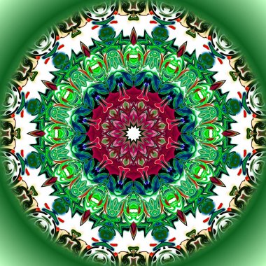 Benzersiz mandala, Oriental yuvarlak desen, mistik motifi, egzotik arka plan. Fantastik fraktal tasarım, geometrik doku parlayan renkli dijital sanat.