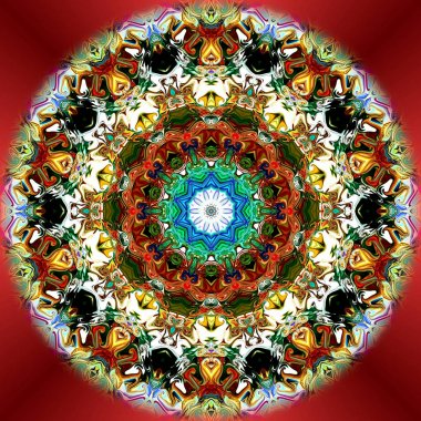 Benzersiz mandala, Oriental yuvarlak desen, mistik motifi, egzotik arka plan. Fantastik fraktal tasarım, geometrik doku parlayan renkli dijital sanat.