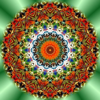 Benzersiz mandala, Oriental yuvarlak desen, mistik motifi, egzotik arka plan. Fantastik fraktal tasarım, geometrik doku parlayan renkli dijital sanat.