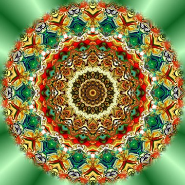 Benzersiz mandala, Oriental yuvarlak desen, mistik motifi, egzotik arka plan. Fantastik fraktal tasarım, geometrik doku parlayan renkli dijital sanat.