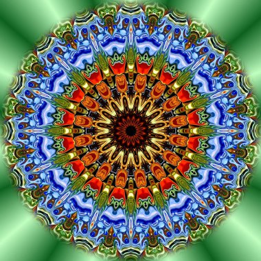 Benzersiz mandala, Oriental yuvarlak desen, mistik motifi, egzotik arka plan. Fantastik fraktal tasarım, geometrik doku parlayan renkli dijital sanat.