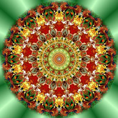 Benzersiz mandala, Oriental yuvarlak desen, mistik motifi, egzotik arka plan. Fantastik fraktal tasarım, geometrik doku parlayan renkli dijital sanat.