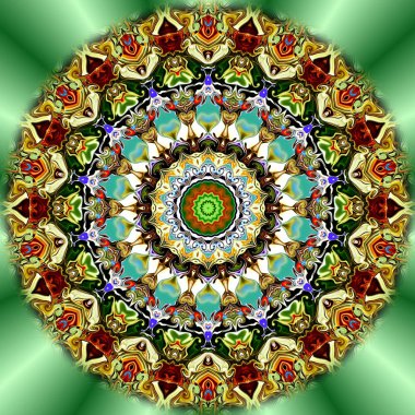 Benzersiz mandala, Oriental yuvarlak desen, mistik motifi, egzotik arka plan. Fantastik fraktal tasarım, geometrik doku parlayan renkli dijital sanat.