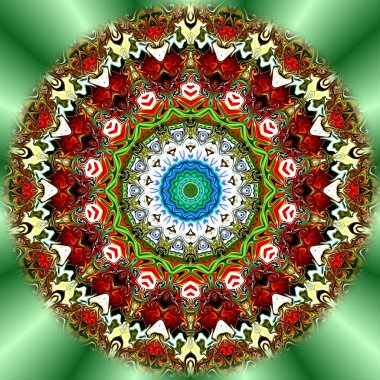 Benzersiz mandala, Oriental yuvarlak desen, mistik motifi, egzotik arka plan. Fantastik fraktal tasarım, geometrik doku parlayan renkli dijital sanat.