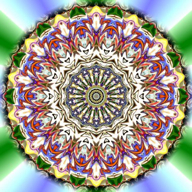 Benzersiz mandala, Oriental yuvarlak desen, mistik motifi, egzotik arka plan. Fantastik fraktal tasarım, geometrik doku parlayan renkli dijital sanat.