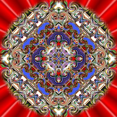 Benzersiz mandala, Oriental yuvarlak desen, mistik motifi, egzotik arka plan. Fantastik fraktal tasarım, geometrik doku parlayan renkli dijital sanat.