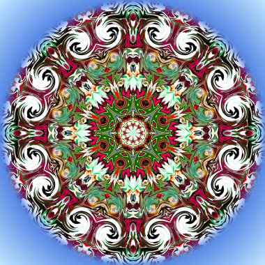 Benzersiz mandala, Oriental yuvarlak desen, mistik motifi, egzotik arka plan. Fantastik fraktal tasarım, geometrik doku parlayan renkli dijital sanat.