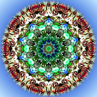 Benzersiz mandala, Oriental yuvarlak desen, mistik motifi, egzotik arka plan. Fantastik fraktal tasarım, geometrik doku parlayan renkli dijital sanat.