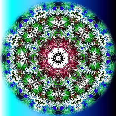 Benzersiz mandala, Oriental yuvarlak desen, mistik motifi, egzotik arka plan. Fantastik fraktal tasarım, geometrik doku parlayan renkli dijital sanat.