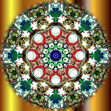 Benzersiz mandala, Oriental yuvarlak desen, mistik motifi, egzotik arka plan. Fantastik fraktal tasarım, geometrik doku parlayan renkli dijital sanat.