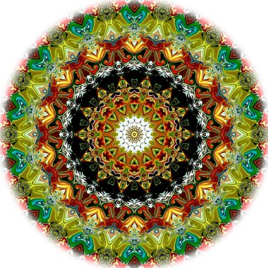 Benzersiz mandala, Oriental yuvarlak desen, mistik motifi, egzotik arka plan. Fantastik fraktal tasarım, geometrik doku parlayan renkli dijital sanat.