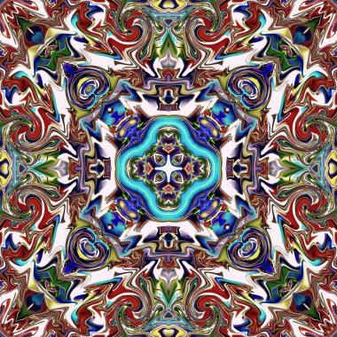 Benzersiz mandala, Oriental yuvarlak desen, mistik motifi, egzotik arka plan. Fantastik fraktal tasarım, geometrik doku parlayan renkli dijital sanat.