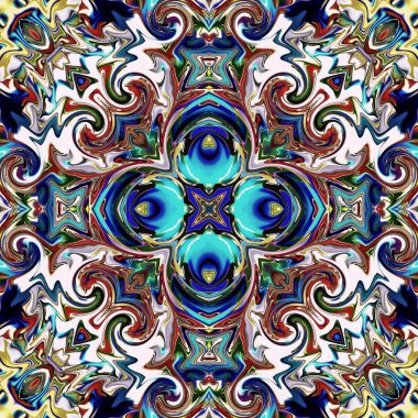 Benzersiz mandala, Oriental yuvarlak desen, mistik motifi, egzotik arka plan. Fantastik fraktal tasarım, geometrik doku parlayan renkli dijital sanat.