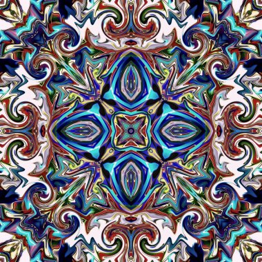 Benzersiz mandala, Oriental yuvarlak desen, mistik motifi, egzotik arka plan. Fantastik fraktal tasarım, geometrik doku parlayan renkli dijital sanat.