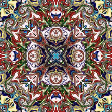 Benzersiz mandala, Oriental yuvarlak desen, mistik motifi, egzotik arka plan. Fantastik fraktal tasarım, geometrik doku parlayan renkli dijital sanat.