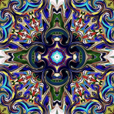 Benzersiz mandala, Oriental yuvarlak desen, mistik motifi, egzotik arka plan. Fantastik fraktal tasarım, geometrik doku parlayan renkli dijital sanat.