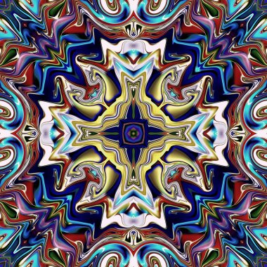 Benzersiz mandala, Oriental yuvarlak desen, mistik motifi, egzotik arka plan. Fantastik fraktal tasarım, geometrik doku parlayan renkli dijital sanat.