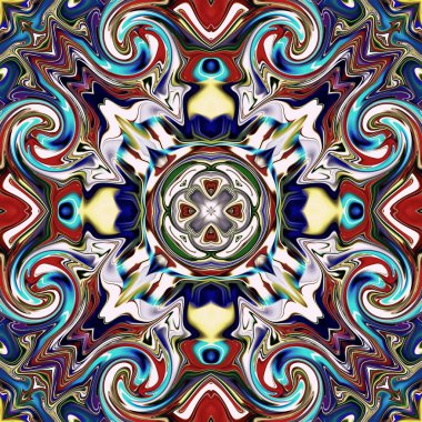 Benzersiz mandala, Oriental yuvarlak desen, mistik motifi, egzotik arka plan. Fantastik fraktal tasarım, geometrik doku parlayan renkli dijital sanat.