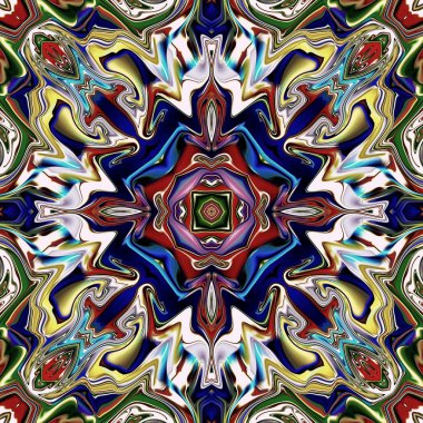 Benzersiz mandala, Oriental yuvarlak desen, mistik motifi, egzotik arka plan. Fantastik fraktal tasarım, geometrik doku parlayan renkli dijital sanat.