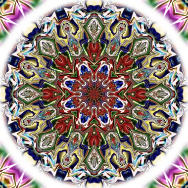 Benzersiz mandala, Oriental yuvarlak desen, mistik motifi, egzotik arka plan. Fantastik fraktal tasarım, geometrik doku parlayan renkli dijital sanat.