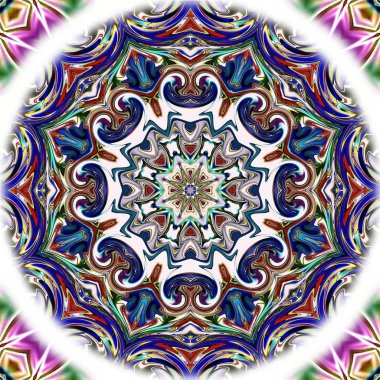 Benzersiz mandala, Oriental yuvarlak desen, mistik motifi, egzotik arka plan. Fantastik fraktal tasarım, geometrik doku parlayan renkli dijital sanat.