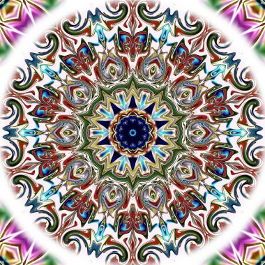 Benzersiz mandala, Oriental yuvarlak desen, mistik motifi, egzotik arka plan. Fantastik fraktal tasarım, geometrik doku parlayan renkli dijital sanat.