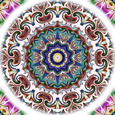 Benzersiz mandala, Oriental yuvarlak desen, mistik motifi, egzotik arka plan. Fantastik fraktal tasarım, geometrik doku parlayan renkli dijital sanat.