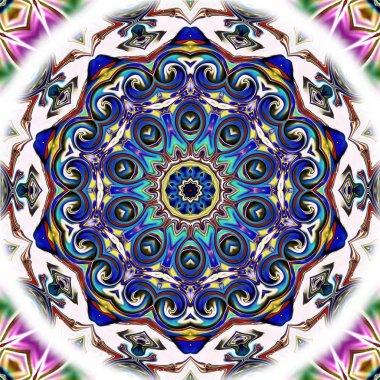 Benzersiz mandala, Oriental yuvarlak desen, mistik motifi, egzotik arka plan. Fantastik fraktal tasarım, geometrik doku parlayan renkli dijital sanat.