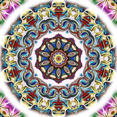 Benzersiz mandala, Oriental yuvarlak desen, mistik motifi, egzotik arka plan. Fantastik fraktal tasarım, geometrik doku parlayan renkli dijital sanat.