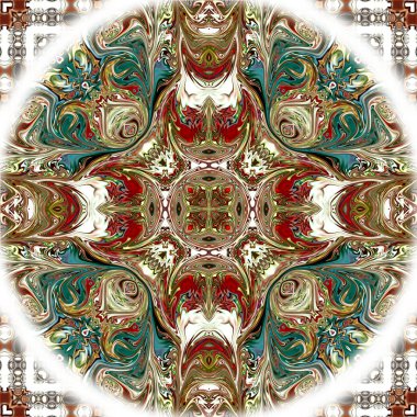 Benzersiz mandala, Oriental yuvarlak desen, mistik motifi, egzotik arka plan. Fantastik fraktal tasarım, geometrik doku parlayan renkli dijital sanat.