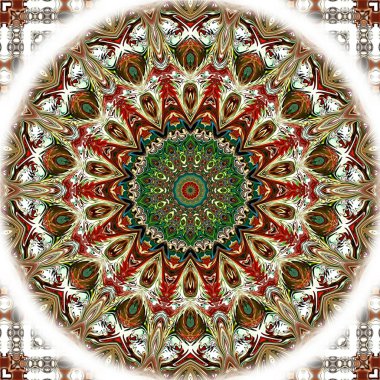 Benzersiz mandala, Oriental yuvarlak desen, mistik motifi, egzotik arka plan. Fantastik fraktal tasarım, geometrik doku parlayan renkli dijital sanat.