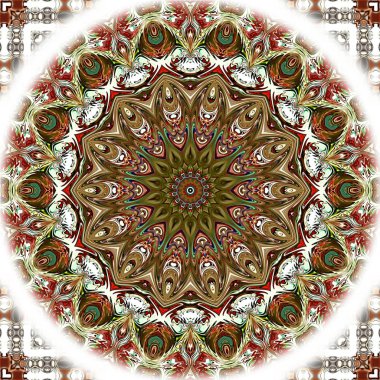 Benzersiz mandala, Oriental yuvarlak desen, mistik motifi, egzotik arka plan. Fantastik fraktal tasarım, geometrik doku parlayan renkli dijital sanat.