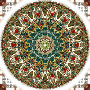 Benzersiz mandala, Oriental yuvarlak desen, mistik motifi, egzotik arka plan. Fantastik fraktal tasarım, geometrik doku parlayan renkli dijital sanat.