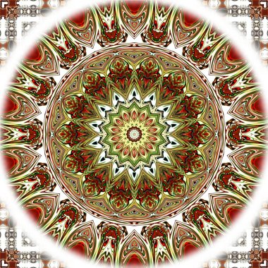 Benzersiz mandala, Oriental yuvarlak desen, mistik motifi, egzotik arka plan. Fantastik fraktal tasarım, geometrik doku parlayan renkli dijital sanat.